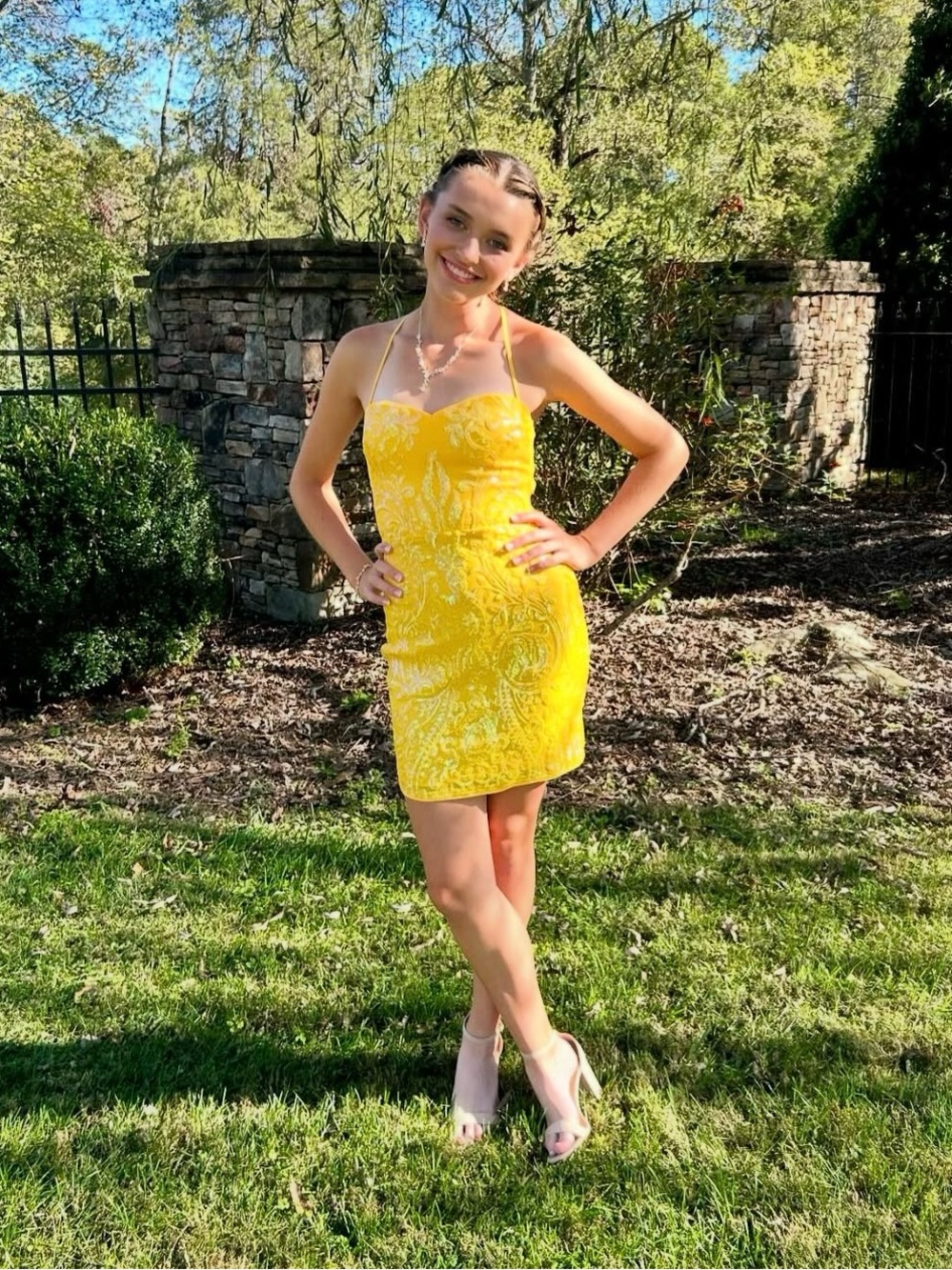 Lulu's Yellow Strapless Lace-Detail Mini Dress